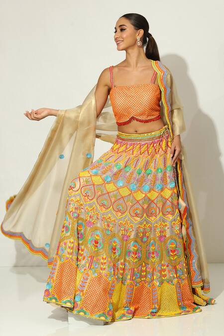 Vandana Sethi_Multi Color , Silk Sequins, Beads, Embroidery Floral Lehenga Set _at_Aza_Fashions