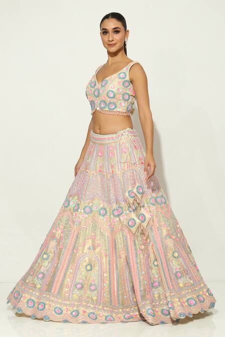 Shop Vandana Sethi Pink Silk , Sequins, Beads Floral Embroidered Lehenga Set Online at Aza Fashions Shop_Vandana Sethi_Pink Silk , Sequins, Beads Floral Embroidered Lehenga Set _Online_at_Aza_Fashions