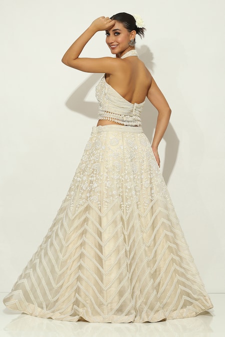 Vandana Sethi_Ivory Organza Pearls V-neck Work Lehenga Set _Online_at_Aza_Fashions