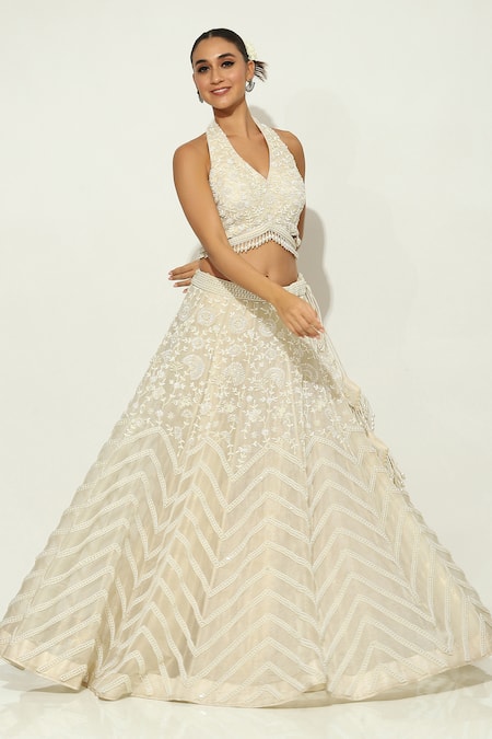 Buy_Vandana Sethi_Ivory Organza Pearls V-neck Work Lehenga Set _Online_at_Aza_Fashions