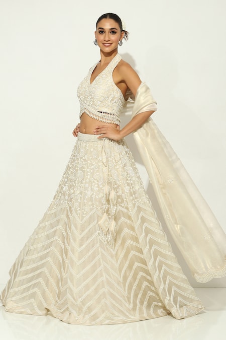 Shop_Vandana Sethi_Ivory Organza Pearls V-neck Work Lehenga Set _Online_at_Aza_Fashions