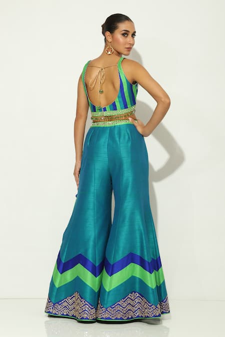 Vandana Sethi Blue Silk Mirrors, Embroidery V-neck Work Blouse Sharara Set Online at Aza Fashions Vandana Sethi_Blue Silk Mirrors, Embroidery V-neck Work Blouse Sharara Set _Online_at_Aza_Fashions