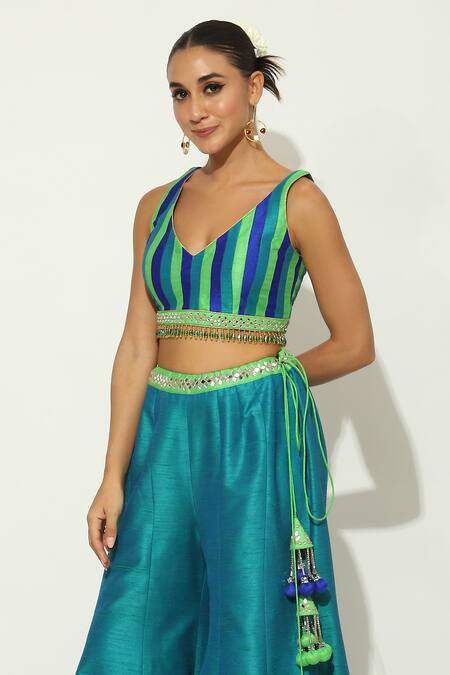 Buy Vandana Sethi Blue Silk Mirrors, Embroidery V-neck Work Blouse Sharara Set Online at Aza Fashions Buy_Vandana Sethi_Blue Silk Mirrors, Embroidery V-neck Work Blouse Sharara Set _Online_at_Aza_Fashions