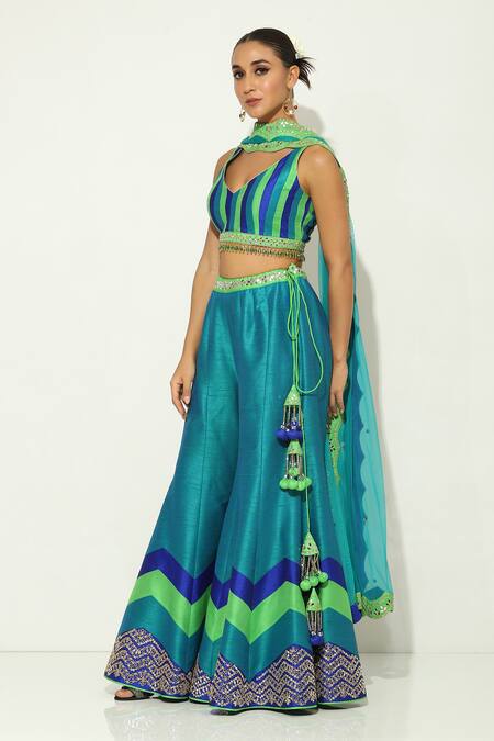 Shop Vandana Sethi Blue Silk Mirrors, Embroidery V-neck Work Blouse Sharara Set Online at Aza Fashions Shop_Vandana Sethi_Blue Silk Mirrors, Embroidery V-neck Work Blouse Sharara Set _Online_at_Aza_Fashions