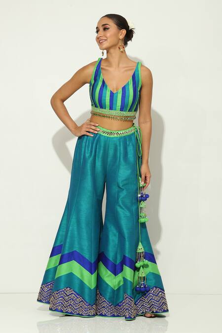 Vandana Sethi Blue Silk Mirrors, Embroidery V-neck Work Blouse Sharara Set at Aza Fashions Vandana Sethi_Blue Silk Mirrors, Embroidery V-neck Work Blouse Sharara Set _at_Aza_Fashions