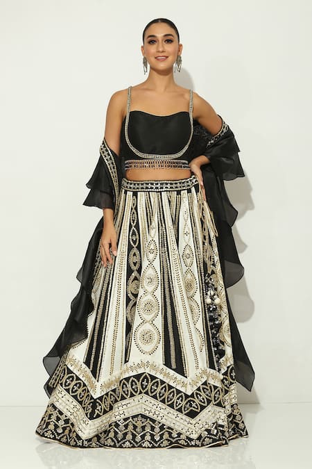 Vandana Sethi Black Dupion Silk Embroidered Mirror Sweetheart And Gota Lehenga Set 