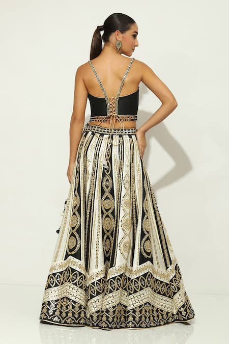 Vandana Sethi Black Silk, Satin Gota Patti, Mirrors Sweetheart Neck And Embroidered Lehenga Set Online at Aza Fashions Vandana Sethi_Black Silk, Satin Gota Patti, Mirrors Sweetheart Neck And Embroidered Lehenga Set _Online_at_Aza_Fashions