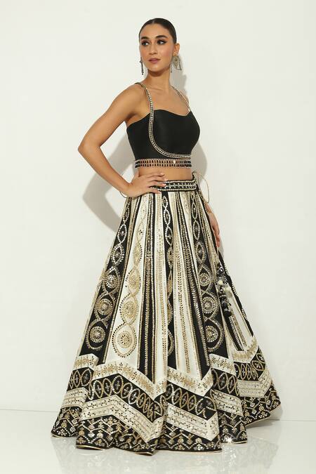 Buy Vandana Sethi Black Silk, Satin Gota Patti, Mirrors Sweetheart Neck And Embroidered Lehenga Set Online at Aza Fashions Buy_Vandana Sethi_Black Silk, Satin Gota Patti, Mirrors Sweetheart Neck And Embroidered Lehenga Set _Online_at_Aza_Fashions