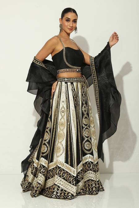 Shop Vandana Sethi Black Silk, Satin Gota Patti, Mirrors Sweetheart Neck And Embroidered Lehenga Set Online at Aza Fashions Shop_Vandana Sethi_Black Silk, Satin Gota Patti, Mirrors Sweetheart Neck And Embroidered Lehenga Set _Online_at_Aza_Fashions