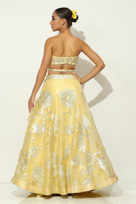 Vandana Sethi Yellow Organza Tassels, Gota Patti Sweetheart Floral Embroidered Lehenga Set Online at Aza Fashions Vandana Sethi_Yellow Organza Tassels, Gota Patti Sweetheart Floral Embroidered Lehenga Set _Online_at_Aza_Fashions