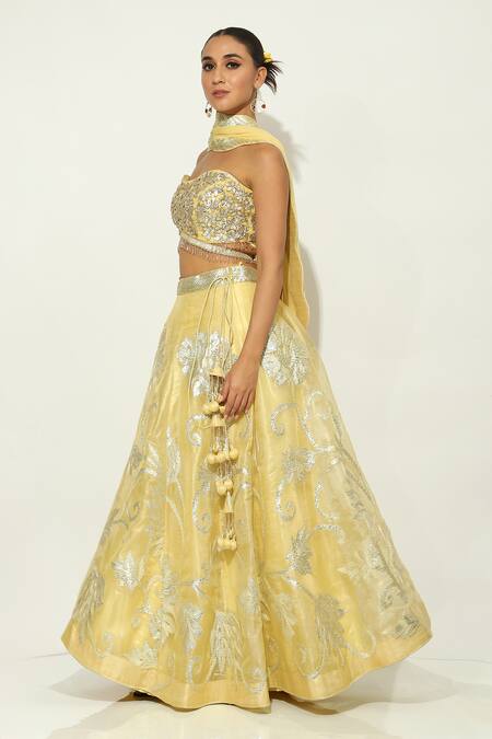 Shop Vandana Sethi Yellow Organza Tassels, Gota Patti Sweetheart Floral Embroidered Lehenga Set Online at Aza Fashions Shop_Vandana Sethi_Yellow Organza Tassels, Gota Patti Sweetheart Floral Embroidered Lehenga Set _Online_at_Aza_Fashions