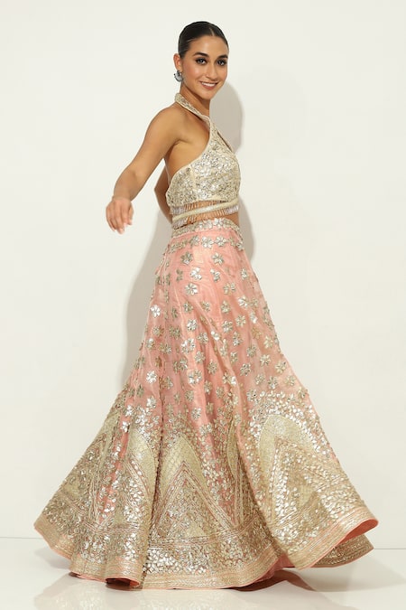 Vandana Sethi Pink Organza, Silk Gota Patti Halter Neck Floral Embroidered Lehenga Set Online at Aza Fashions Vandana Sethi_Pink Organza, Silk Gota Patti Halter Neck Floral Embroidered Lehenga Set _Online_at_Aza_Fashions