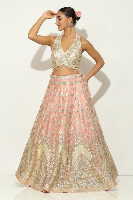 Shop Vandana Sethi Pink Organza, Silk Gota Patti Halter Neck Floral Embroidered Lehenga Set Online at Aza Fashions Shop_Vandana Sethi_Pink Organza, Silk Gota Patti Halter Neck Floral Embroidered Lehenga Set _Online_at_Aza_Fashions