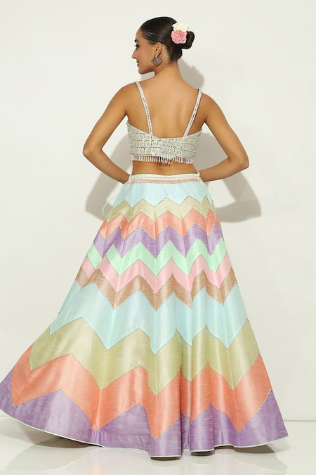 Vandana Sethi_Multi Color Silk, Chiffon Beads, Mirrors, Chevron Gradient Pattern Lehenga Set _Online_at_Aza_Fashions