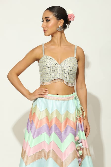 Buy_Vandana Sethi_Multi Color Silk, Chiffon Beads, Mirrors, Chevron Gradient Pattern Lehenga Set _Online_at_Aza_Fashions