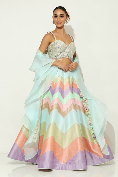 Vandana Sethi_Multi Color Silk, Chiffon Beads, Mirrors, Chevron Gradient Pattern Lehenga Set _at_Aza_Fashions