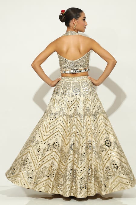 Vandana Sethi Gold Silk Crystals, Beads, Mirrors Halter Neck Floral Embellished Lehenga Set Online at Aza Fashions Vandana Sethi_Gold Silk Crystals, Beads, Mirrors Halter Neck Floral Embellished Lehenga Set _Online_at_Aza_Fashions