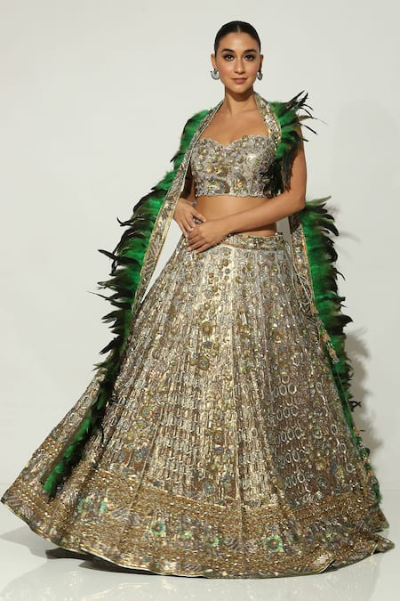 Vandana Sethi Green Shimmer Georgette Embellished Sequin Sweetheart Geometric Lehenga Set 