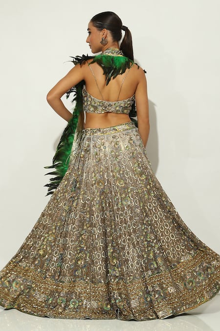 Vandana Sethi Green Georgette Embroidery, Feathers, Sequins Geometric Embellished Lehenga Set Online at Aza Fashions Vandana Sethi_Green Georgette Embroidery, Feathers, Sequins Geometric Embellished Lehenga Set _Online_at_Aza_Fashions
