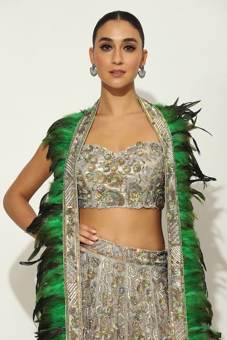Buy Vandana Sethi Green Georgette Embroidery, Feathers, Sequins Geometric Embellished Lehenga Set Online at Aza Fashions Buy_Vandana Sethi_Green Georgette Embroidery, Feathers, Sequins Geometric Embellished Lehenga Set _Online_at_Aza_Fashions