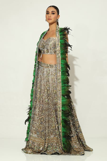 Shop Vandana Sethi Green Georgette Embroidery, Feathers, Sequins Geometric Embellished Lehenga Set Online at Aza Fashions Shop_Vandana Sethi_Green Georgette Embroidery, Feathers, Sequins Geometric Embellished Lehenga Set _Online_at_Aza_Fashions