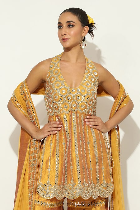 Buy Vandana Sethi Yellow Silk, Chiffon Mirrors Halter Neck Kurta Sharara Set Online at Aza Fashions Buy_Vandana Sethi_Yellow Silk, Chiffon Mirrors Halter Neck Kurta Sharara Set _Online_at_Aza_Fashions