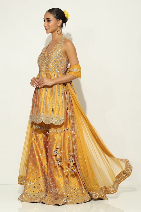Shop Vandana Sethi Yellow Silk, Chiffon Mirrors Halter Neck Kurta Sharara Set Online at Aza Fashions Shop_Vandana Sethi_Yellow Silk, Chiffon Mirrors Halter Neck Kurta Sharara Set _Online_at_Aza_Fashions