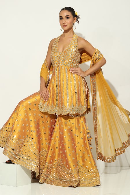 Vandana Sethi Yellow Silk, Chiffon Mirrors Halter Neck Kurta Sharara Set at Aza Fashions Vandana Sethi_Yellow Silk, Chiffon Mirrors Halter Neck Kurta Sharara Set _at_Aza_Fashions