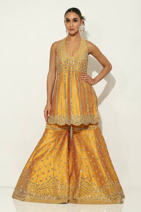 Buy Vandana Sethi Yellow Silk, Chiffon Mirrors Halter Neck Kurta Sharara Set Buy_Vandana Sethi_Yellow Silk, Chiffon Mirrors Halter Neck Kurta Sharara Set