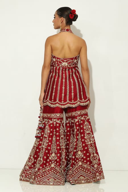 Vandana Sethi Zardozi Embroidered Halter Neck Kurta Sharara Set 