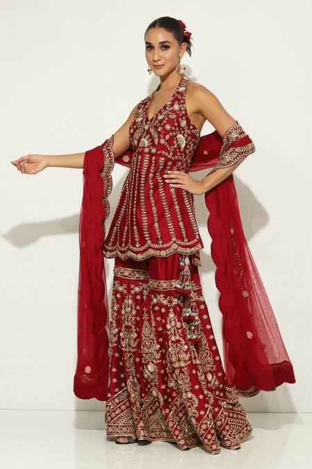 Shop_Vandana Sethi_Wine Silk, Chiffon Embroidery, Sequins, Zari Halter Zardozi Kurta Sharara Set _Online_at_Aza_Fashions