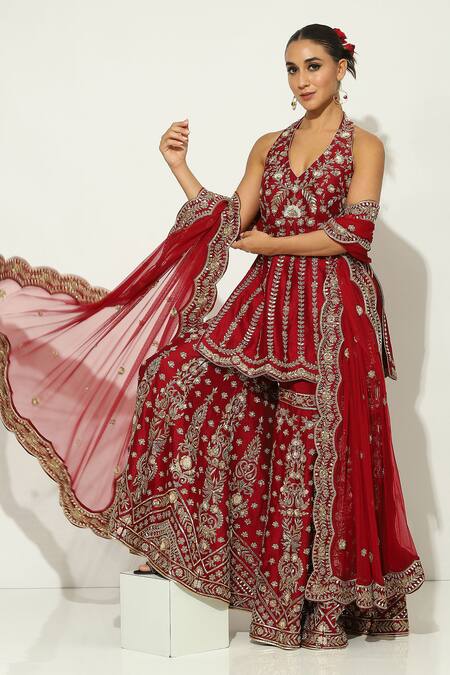 Vandana Sethi_Wine Silk, Chiffon Embroidery, Sequins, Zari Halter Zardozi Kurta Sharara Set _at_Aza_Fashions