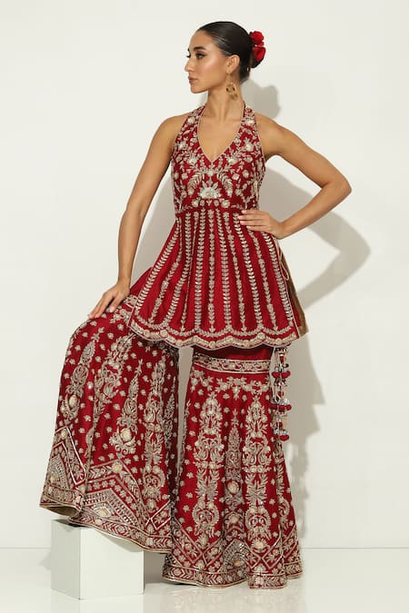 Buy_Vandana Sethi_Wine Silk, Chiffon Embroidery, Sequins, Zari Halter Zardozi Kurta Sharara Set 