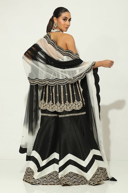 Vandana Sethi Black Silk Mirrors, Sequins Mirrorwork Embellished Striped Kurta Gharara Set Online at Aza Fashions Vandana Sethi_Black Silk Mirrors, Sequins Mirrorwork Embellished Striped Kurta Gharara Set _Online_at_Aza_Fashions