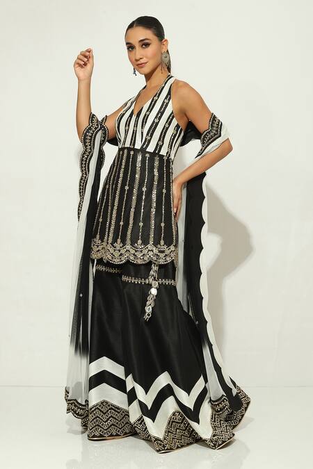 Shop Vandana Sethi Black Silk Mirrors, Sequins Mirrorwork Embellished Striped Kurta Gharara Set Online at Aza Fashions Shop_Vandana Sethi_Black Silk Mirrors, Sequins Mirrorwork Embellished Striped Kurta Gharara Set _Online_at_Aza_Fashions