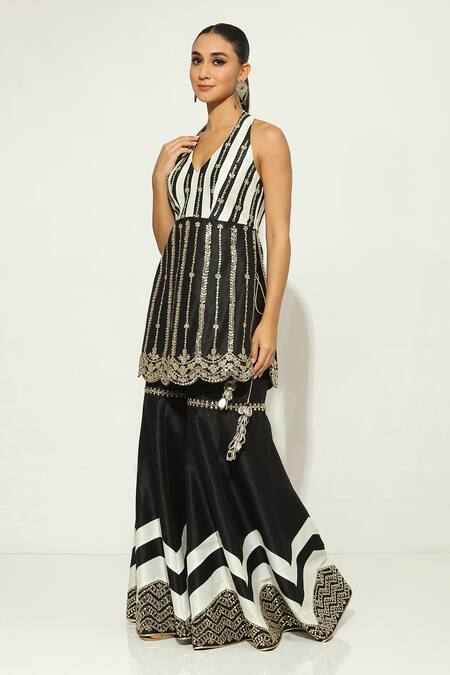 Vandana Sethi Black Silk Mirrors, Sequins Mirrorwork Embellished Striped Kurta Gharara Set at Aza Fashions Vandana Sethi_Black Silk Mirrors, Sequins Mirrorwork Embellished Striped Kurta Gharara Set _at_Aza_Fashions
