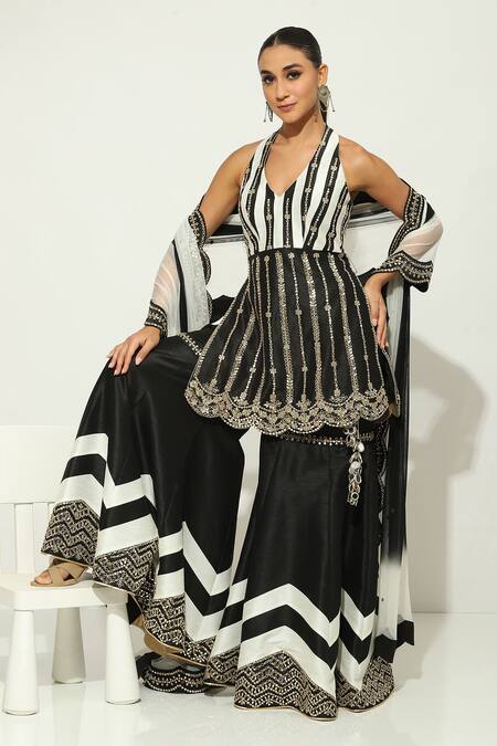 Buy Vandana Sethi Black Silk Mirrors, Sequins Mirrorwork Embellished Striped Kurta Gharara Set Buy_Vandana Sethi_Black Silk Mirrors, Sequins Mirrorwork Embellished Striped Kurta Gharara Set