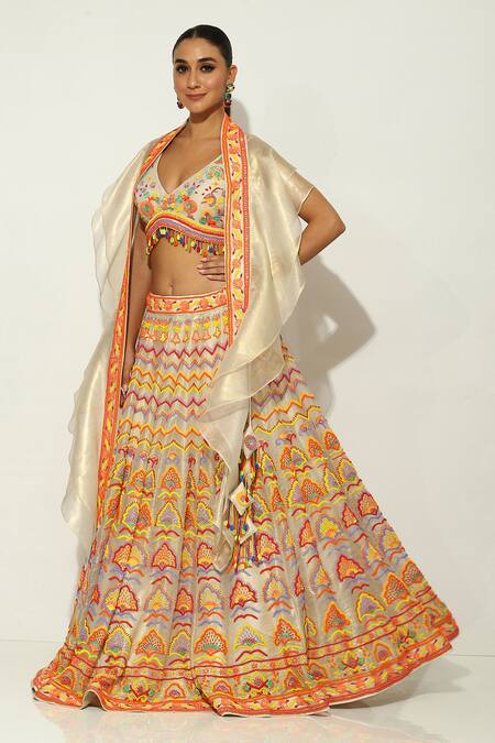 Shop Vandana Sethi Ivory Silk Beads, Sequins V-neck Floral Embellished Lehenga Set Online at Aza Fashions Shop_Vandana Sethi_Ivory Silk Beads, Sequins V-neck Floral Embellished Lehenga Set _Online_at_Aza_Fashions