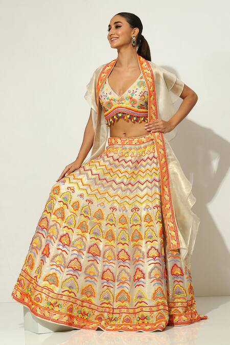 Vandana Sethi Ivory Silk Beads, Sequins V-neck Floral Embellished Lehenga Set at Aza Fashions Vandana Sethi_Ivory Silk Beads, Sequins V-neck Floral Embellished Lehenga Set _at_Aza_Fashions