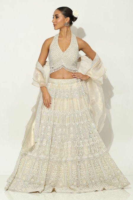 Vandana Sethi Pearl Floral Embellished Bridal Lehenga Set 