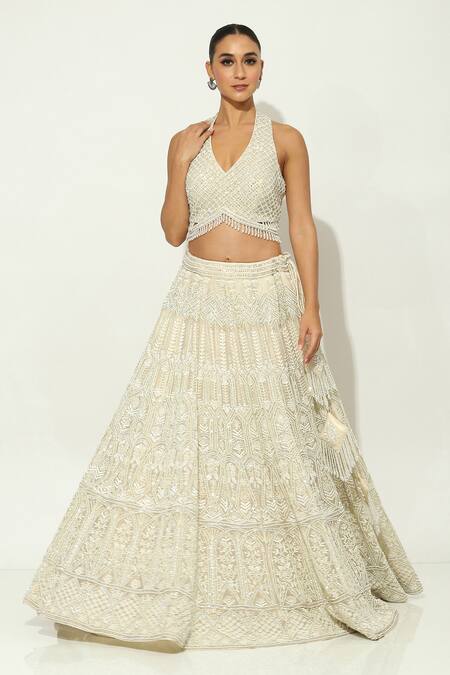Shop Vandana Sethi Ivory Organza Pearls, Sequins Halter Neck Floral Embellished Bridal Lehenga Set Online at Aza Fashions Shop_Vandana Sethi_Ivory Organza Pearls, Sequins Halter Neck Floral Embellished Bridal Lehenga Set _Online_at_Aza_Fashions