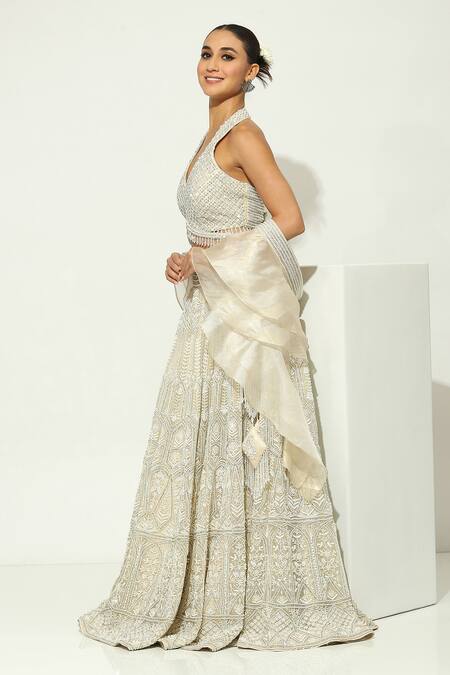 Vandana Sethi Ivory Organza Pearls, Sequins Halter Neck Floral Embellished Bridal Lehenga Set at Aza Fashions Vandana Sethi_Ivory Organza Pearls, Sequins Halter Neck Floral Embellished Bridal Lehenga Set _at_Aza_Fashions