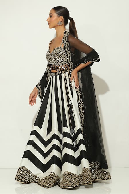Shop_Vandana Sethi_Black Silk, Chiffon Mirrors Sweetheart Neck Embellished Monochrome Lehenga Set _Online_at_Aza_Fashions