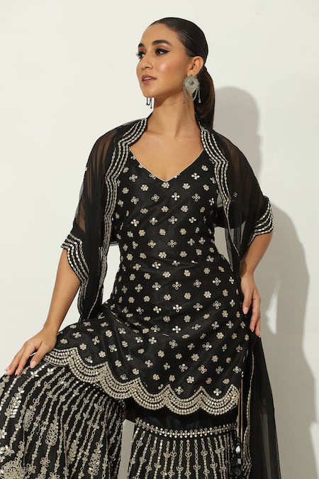 Buy_Vandana Sethi_Black Silk, Chiffon Mirrors, Mirrorwork Embellished Floral Kurta Gharara Set _Online_at_Aza_Fashions