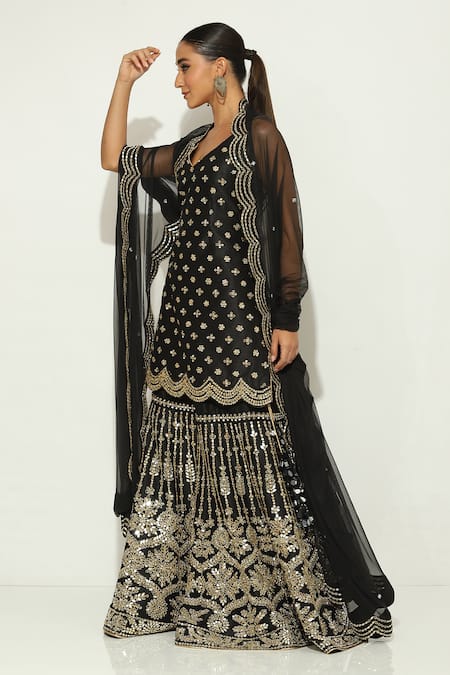 Shop_Vandana Sethi_Black Silk, Chiffon Mirrors, Mirrorwork Embellished Floral Kurta Gharara Set _Online_at_Aza_Fashions