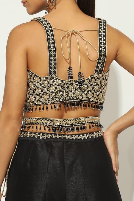Buy_Vandana Sethi_Black Silk Beads, Mirrorwork Embellished Blouse Monochrome Sharara Set 