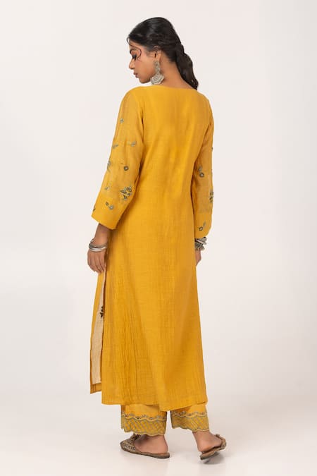 Shop Pants And Pajamas Yellow Cotton, Chanderi, Silk Sequins, Embroidery V-neck Leaf Kurta With Pant at Aza Fashions Shop_Pants And Pajamas_Yellow Cotton, Chanderi, Silk Sequins, Embroidery V-neck Leaf Kurta With Pant _at_Aza_Fashions
