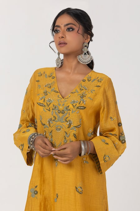 Buy Pants And Pajamas Yellow Cotton, Chanderi, Silk Sequins, Embroidery V-neck Leaf Kurta With Pant Online at Aza Fashions Buy_Pants And Pajamas_Yellow Cotton, Chanderi, Silk Sequins, Embroidery V-neck Leaf Kurta With Pant _Online_at_Aza_Fashions