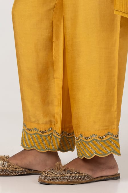 Shop Pants And Pajamas Yellow Cotton, Chanderi, Silk Sequins, Embroidery V-neck Leaf Kurta With Pant Online at Aza Fashions Shop_Pants And Pajamas_Yellow Cotton, Chanderi, Silk Sequins, Embroidery V-neck Leaf Kurta With Pant _Online_at_Aza_Fashions