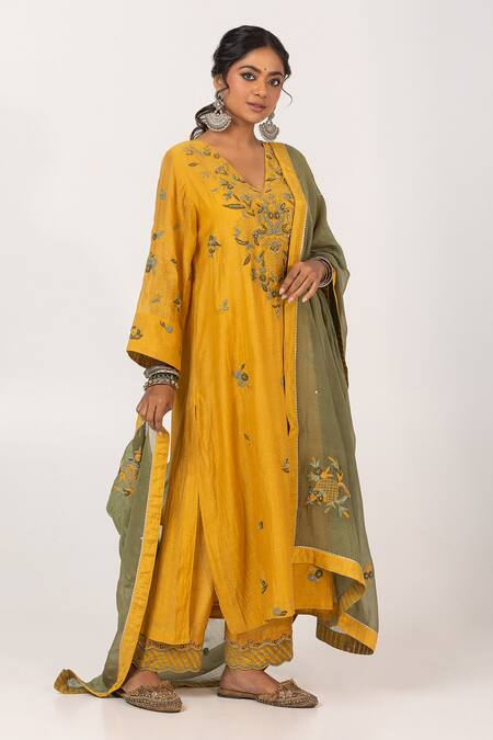 Pants And Pajamas Yellow Cotton, Chanderi, Silk Sequins, Embroidery V-neck Leaf Kurta With Pant at Aza Fashions Pants And Pajamas_Yellow Cotton, Chanderi, Silk Sequins, Embroidery V-neck Leaf Kurta With Pant _at_Aza_Fashions